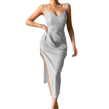 Женское сексуальное платье с глубоким V-образным вырезом и высокой талией, весеннее элегантное вечернее платье для вечеринок, женское платье без рукавов на бретельках с разрезом без спинки