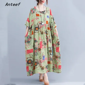 хлопчатобумажные винтажные платья с цветочным узором большого размера с коротким рукавом для женщин, повседневное свободное длинное женское летнее платье, элегантная одежда 2022 г.