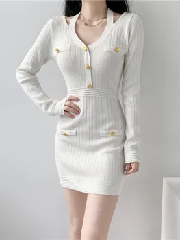 Весеннее женское трикотажное платье 2024, Корейский модный элегантный длинный пуловер с V-образным вырезом, свитер, мини-трикотажные платья, Женская одежда