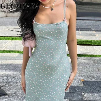GLCMYAYA/ Женская уличная одежда с цветочным принтом, облегающее платье с открытой спиной и вырезом лодочкой, 2023, сексуальные платья с бантом и бретельками-спагетти