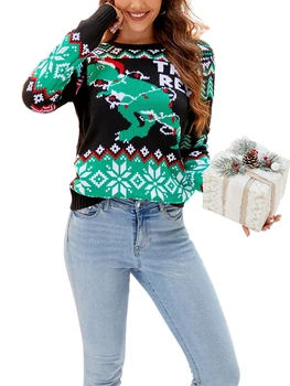 Caoirhny Женский Рождественский вязаный свитер с длинным рукавом и круглым вырезом, Пуловер с принтом Рождественской елки в виде динозавра, Трикотаж