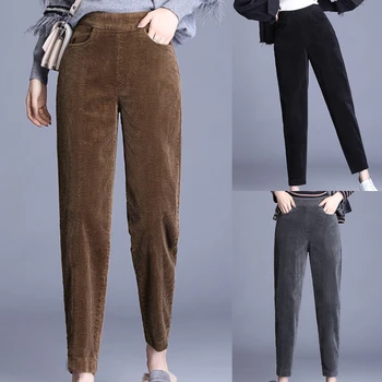 Повседневные брюки из толстого плюшевого вельвета Для женщин, модные теплые осенне-зимние брюки с высокой талией, универсальные шаровары для женщин 2023