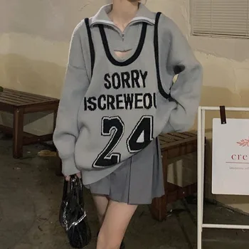 Женский свитер из двух частей с вышитыми буквами в дизайнерском стиле Hsa; свободный корейский топ в стиле колледжа