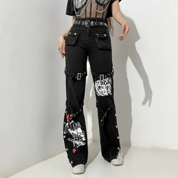 CINESSD Уличный модный ремень с граффити, женские джинсы, весна 2024, прямые брюки с металлической пряжкой и драпировкой из денима, универсальные WS1213