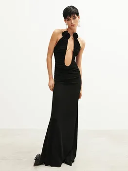 BEVENCCEL2023, новое женское черное сексуальное платье с открытой спиной, без рукавов, с цветочными деталями, плиссированное Макси-бандажное платье, Элегантное вечернее платье знаменитости