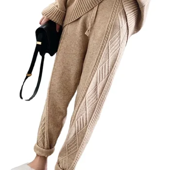 Зимние утепленные женские шаровары, повседневные трикотажные брюки с завязками, женские шикарные теплые брюки-свитера 2023