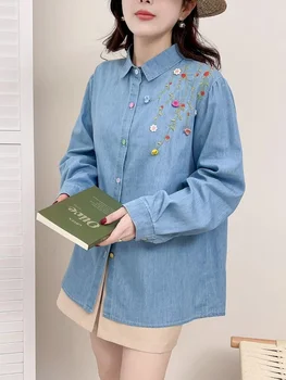 2024 Женские джинсовые блузки Элегантные и молодежные женские блузки Джинсовые рубашки с вышивкой в японском стиле с длинным рукавом