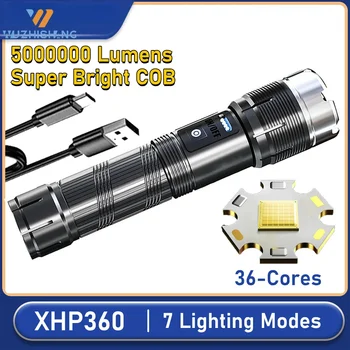 5000000LM XHP360 Самые Мощные светодиодные фонари с COB 7 Режимами освещения Сверхяркий Тактический фонарик с зумом Аварийный Блок питания