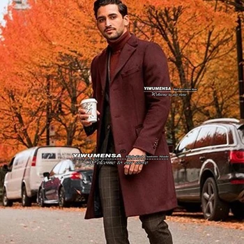 Осенне-зимняя бордовая теплая куртка, приталенные мужские костюмы, деловой блейзер для жениха, Двубортное пальто из твида и смесовой шерсти.