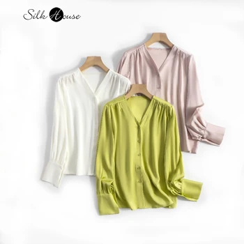 Женская Модная Новая Высококачественная Эластичная Многоцветная рубашка Double Qiao из 93% Натурального Шелка Тутового цвета С V-образным вырезом и Длинными рукавами Для поездок На работу