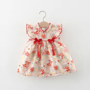Летнее Новое детское платье для девочек в китайском стиле с бантом и кисточками, декольте Чонсам, платье принцессы с цветочным принтом Little Rabbit