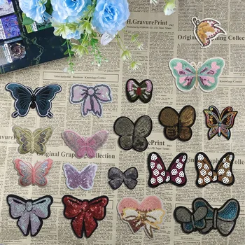 Оптовые продажи 100 штук нашивки из ткани с блестками с рисунком бабочки термоплавкий клей для Ремонта дыры декоративная нашивка для одежды