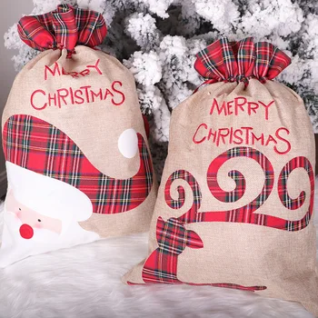 Льняной подарочный пакет с олененком Санта Клауса, завязанный лентой на шнурке, рождественское украшение, сумка для яблок