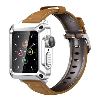 Кожаный ремешок + чехол для часов Apple Watch Series 6 5 4 SE 44 мм 40 мм 2 в 1 из водонепроницаемого стекла Металлический корпус для iWatch 3 2 42 мм 38 мм