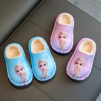 Зимние детские хлопчатобумажные тапочки принцессы Диснея Эльзы для девочек с теплым плюшевым каблуком из ЭВА, водонепроницаемые детские голубые розовые туфли, размер 24-37