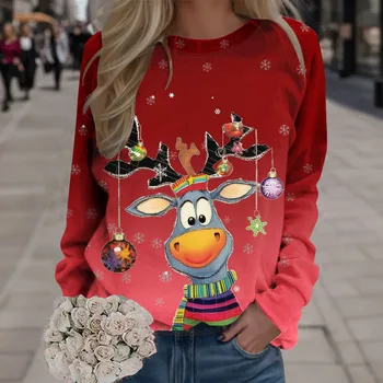 Толстовка Женская С Рождественским принтом, толстовка с круглым вырезом, пуловеры, топы, Подходящие Тренировочные рубашки с длинным рукавом, Свободная блузка