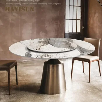 Роскошный Круглый мраморный стол из яркой каменной плиты, Итальянский Светлый Круглый обеденный стол в постмодернистском стиле с поворотным столом, мебель для гостиной