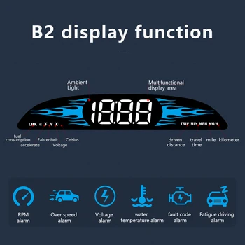 Головной дисплей HUD автомобиля B2 Цифровая скорость Расход топлива Температура воды с сигнализацией напряжения при оборотах в минуту для бензинового автомобиля 12 В