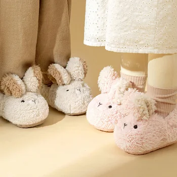 Новые зимние детские тапочки с милым мультяшным кроликом, хлопковая плюшевая теплая нескользящая домашняя обувь на мягкой подошве Для маленьких девочек, Утепленная домашняя обувь