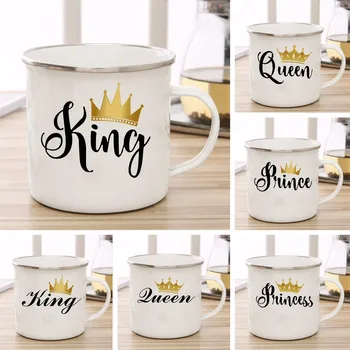 Забавный Король Королева Принц Принцесса Эмалированная Чашка Золотая Корона Кружка с принтом Кофейная чашка Завтрак Десерт Чашка для молока и воды Подарок паре