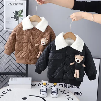 Зимнее пальто из толстого флиса с милым мультяшным медведем для девочек и мальчиков 2023 года, детская куртка, верхняя одежда