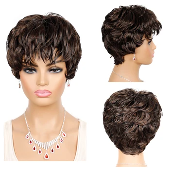 Синтетические парики с прямыми волосами Для женщин, короткие парики в стиле Пикси с челкой на каждый день / вечеринку, Термостойкие волосы