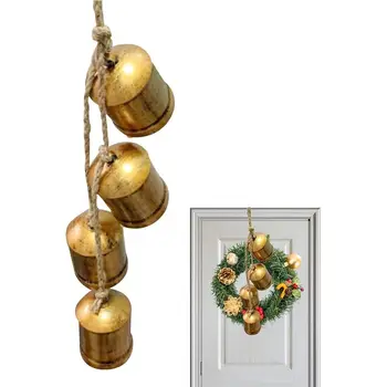 Металлические декоративные колокольчики в винтажном стиле с веревочной петлей, 4 золотых колокольчика, Рождественские колокольчики, дверная вешалка, Венок, Рождественское украшение