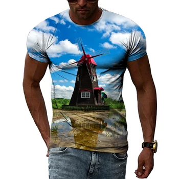 Летние модные повседневные мужские футболки с мельничным пейзажем, 3D Трендовые футболки в стиле хип-хоп Harajuku с принтом личности, футболки с круглым вырезом и коротким рукавом