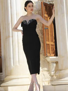 Черное женское сексуальное платье без бретелек, сверкающее пайетками, облегающее бандажное платье до середины икры, элегантное платье для празднования вечеринки