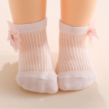 Детские носки для девочек, милые противоскользящие носки в клетку с бантом для малышей, Летние детские носки из супертонкой сетки