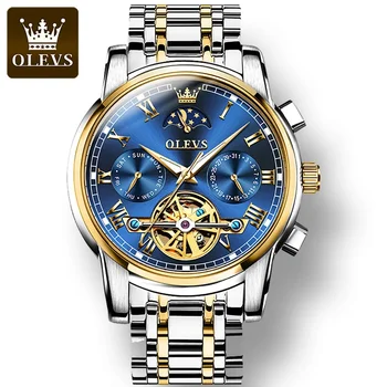 OLEVS 6617 Модные мужские часы с ремешком из нержавеющей стали, водонепроницаемые Изысканные автоматические механические мужские наручные часы Moon Phase