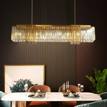 Современная прямоугольная хрустальная люстра, роскошные подвесные светильники Cristal для столовой, Домашний Матовый Золотой кухонный островной светодиодный светильник