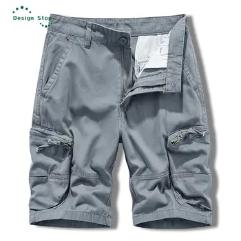 Мужские летние шорты-карго с несколькими карманами, мужская повседневная рабочая одежда, однотонные короткие брюки-карго с карманами на молнии