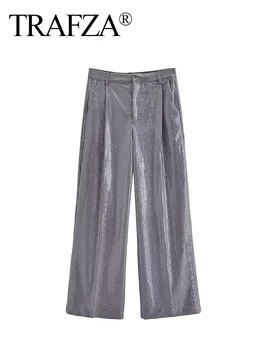 Зимние брюки TRAFZA Женские Модные Однотонные карманы с высокой талией, украшенные блестками, Брюки на молнии полной длины, женские уличные брюки