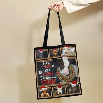 Yikeluo, холщовая сумка-тоут для девочек, Рождественская сумка для крупного рогатого скота, 3D-печать, экологичная хозяйственная сумка для женщин, Рождественский подарок, сумочка с животными