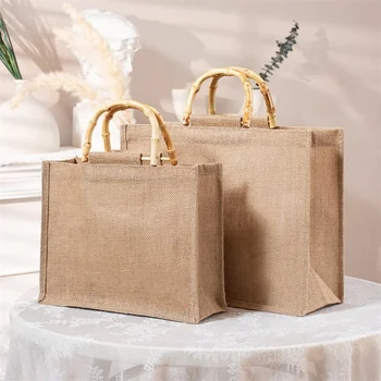 Портативная Хозяйственная сумка из мешковины и джута, Бамбуковые ручки с петлями, сумка-тоут, холщовая сумка DIY, Ретро-сумка, Женские пляжные сумки большого размера