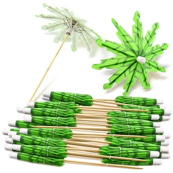 Зеленые зубочистки из кокосовой пальмы, бумажные зонтики, зубочистки ручной работы, палочки для коктейльных зонтиков для украшения коктейлей