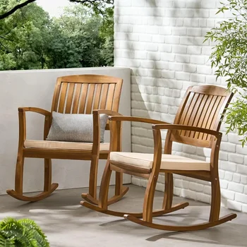 Кресла-качалки Selma Acacia с подушками, Походное кресло, Комплект из 2 предметов, Уличная мебель с отделкой из тикового дерева, Бесплатная перевозка