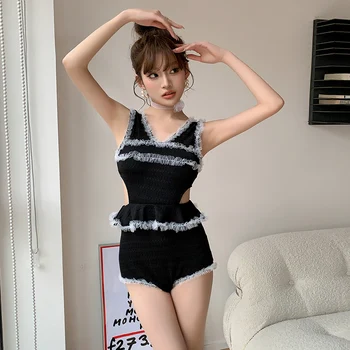 Женский цельный купальник Hot Spring, сексуальный черный, для похудения, закрывающий живот, солнцезащитный крем, комплект из двух предметов, Корейский Instagram