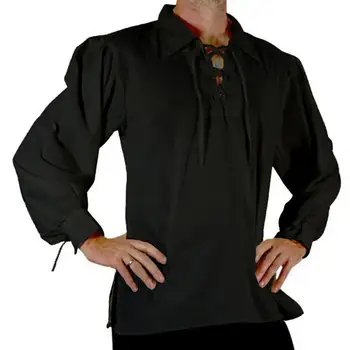 Мужская винтажная рубашка Renaissance, косплей-рубашка для взрослых мужчин, шнуровка, лацкан, Длинный рукав, Однотонный пуловер свободного кроя Renaissance