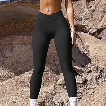 Брюки с эластичным поясом, бесшовные леггинсы для йоги с высокой талией, однотонные длинные брюки в рубчик с рисунком, женские спортивные брюки для женщин