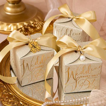 1шт Блестящая Пудра Свадебная Коробка Конфет С лентой Цвета: Золотистый, Серебристый Складные Коробки Из Шоколадной бумаги Подарочные коробки для Свадебной вечеринки