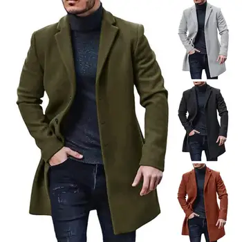 Теплое мужское пальто, куртка, стильное мужское зимнее пальто, куртка с лацканами на пуговицах для повседневного комфорта и тепла, однотонный жакет с длинным рукавом