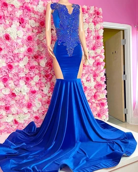 Роскошные платья для выпускного вечера с бриллиантами Royal Blue Mermaid 2023, бусы ручной работы, кристаллы, вечерние платья для африканских черных девушек.