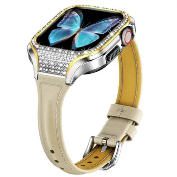 Металлический Блестящий Чехол + Кожаный Ремешок Для Apple Watch Band 41 мм 40 мм из нержавеющей Стали с Бриллиантовым покрытием + браслет iwatch series se 7 6 5 4 8