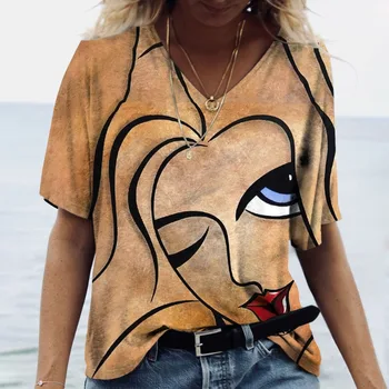 Популярная женская футболка с абстрактным рисунком лица для девочек, 3D супер большой классический топ с коротким рукавом, модная повседневная уличная одежда