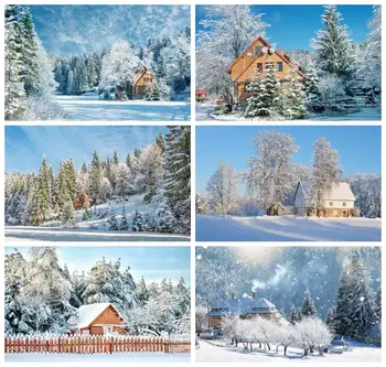 Laeacco Зимний Снежный фон Деревянный дом на открытом воздухе Сцена с природными горами Фон для рождественской портретной фотографии для детей и взрослых