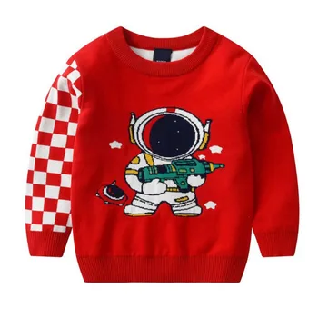Осень-зима 2023, свитера для маленьких девочек, Хлопчатобумажные трикотажные жаккардовые пуловеры с астронавтом для маленьких девочек, топы для малышей, рождественская одежда