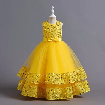 Детское платье, детское платье с блестками, платье принцессы с бантом, платье с цветочным узором для девочки-цветочницы, высококачественное платье для фортепианного выступления, платье с цветочным узором для девочки