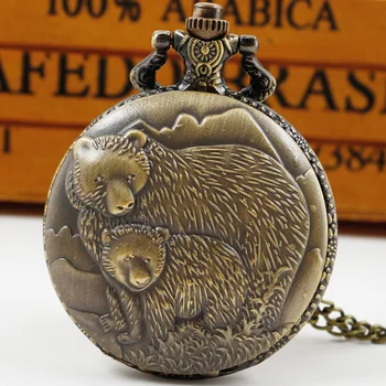Симпатичное Бронзовое Винтажное Кварцевое ожерелье с резьбой в виде Медведя, Карманные часы с цепочкой, Уникальные Подарки для личности, Часы-брелки Унисекс